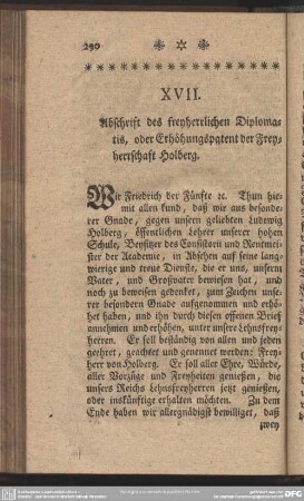 XVII. Abschrift des freyherrlichen Diplomatis, oder Erhöhungspatent der Freyherrschaft Holberg