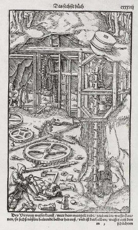 Bulgenkunst mit Handbetrieb. Legende: A Das Gerüst B Die untere Welle C Das Rad D Das kleinere Getriebe E Die zweite Welle F Das kleinere Zahnrad G Das größere Getriebe H Die oberste Welle I Das größere Zahnrad K Die Lager L Der breite eiserne Ring M Das hölzerne Gerüst N Der eichene Stock O Der eiserne Zapfen P Die Scheibe Q Die obere Trommel R Klammern S Kette T Die Kettenglieder V Kannen X Das Haspelhorn Y Die untere Trommel : Bulgenkunst mit Handbetrieb. Legende: A Das Gerüst B Die untere Welle C Das Rad D Das kleinere Getriebe E Die zweite Welle F Das kleinere Zahnrad G Das größere Getriebe H Die oberste Welle I Das größere Zahnrad K Die Lager L Der breite eiserne Ring M Das hölzerne Gerüst N Der eichene Stock O Der eiserne Zapfen P Die Scheibe Q Die obere Trommel R Klammern S Kette T Die Kettenglieder V Kannen X Das Haspelhorn Y Die untere Trommel. Repro aus: Agricola, Georgius: De re metallica liber sextus, Seite 131, Basel 1556