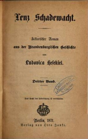 Lenz Schadewacht : historischer Roman aus der Brandenburgischen Geschichte. 3