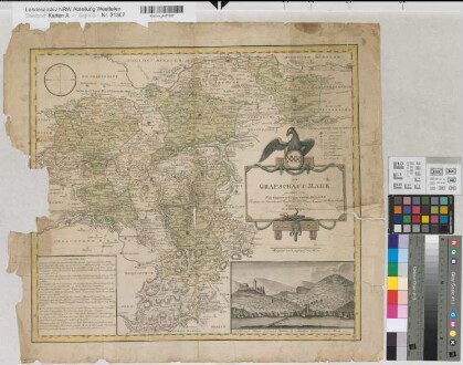 Mark (Grafschaft) Territorialkarte mit Ansicht von Schloß und Stadt Altena 1791 2 geogr. Meilen = 7,95 cm 45,5 x 51 kol. Druck Herausgeber: P. F. Weddigen Friedrich Christoph Müller, Prediger zu Schwelm