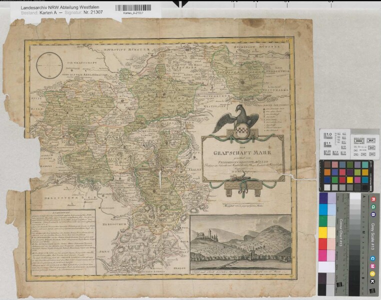 Mark (Grafschaft) Territorialkarte mit Ansicht von Schloß und Stadt Altena 1791 2 geogr. Meilen = 7,95 cm 45,5 x 51 kol. Druck Herausgeber: P. F. Weddigen Friedrich Christoph Müller, Prediger zu Schwelm