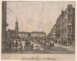 Der Altmarkt in Dresden aus der Schlossstraße nach Süden mit Blick in die Seestraße, links der Turm der Kreuzkirche, rechts die Löwenapotheke