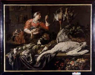 Christus im Haus von Maria und Martha mit einer Magd bei einem Stillleben mit Jagdbeute, Früchten und Gemüse