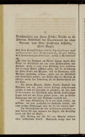 V. Dreschmaschine von Herrn Frêche; Bericht an die Ackerbau-Gesellschaft des Departements der obern Garonne von Vice-Präsidenten derselben