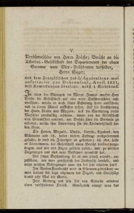 V. Dreschmaschine von Herrn Frêche; Bericht an die Ackerbau-Gesellschaft des Departements der obern Garonne von Vice-Präsidenten derselben