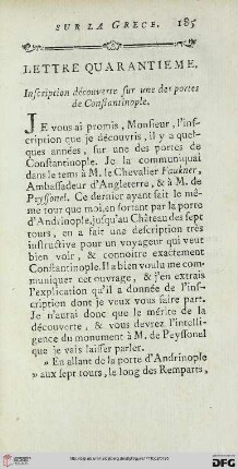Lettre quarantième: Inscription découverte sur une des portes de Constantinople