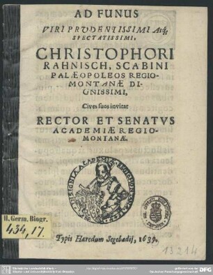 Ad funus ... Christophori Rahnisch ... cives suos invitat rector et senatus academiae Regiomontanae