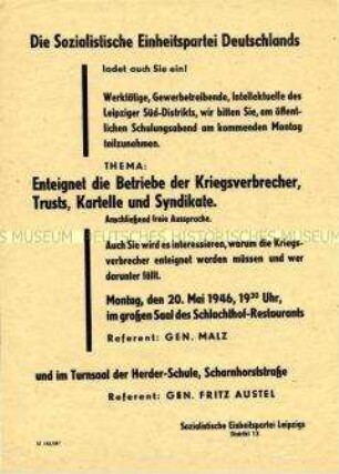 Aufruf der SED zu einer Versammlung in Vorbereitung des Volksentscheides