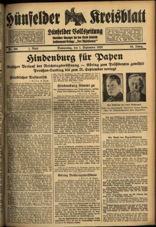 Erste Ausgabe vom Donnerstag, den 01. September 1932.