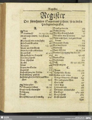 Register Der fürnehmsten Sachen und Lehren, so in diesen Predigten begriffen