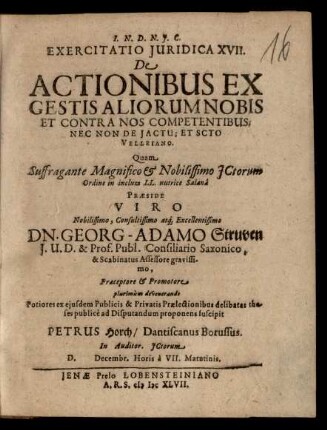 Exercitatio Iuridica XVII. De Actionibus Ex Gestis Aliorum Nobis Et Contra Nos Competentibus; Nec Non De Iactu; Et Scto Velleiano