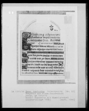 Fragment aus einem Stundenbuch, Textseite mit Sammelstempel