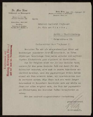 Brief von Max Lion an Otto von Gierke, Berlin, 11.1.1919