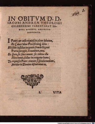 Oratio Fvnebris, de vita, et obitu, Reverendi Et Clarissimi Viri, Pietate ... Praestantissimi, D. Iacobi Andreae