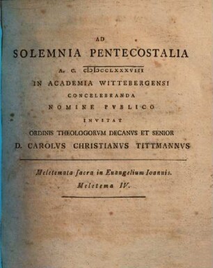 Meletemata sacra in Evangelium Joannis. 4, Ad solemnia pentecostalia
