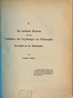 Die kritische Methode und das Verhältnis der Psychologie zur Philosophie : ein Kapitel aus der Methodenlehre