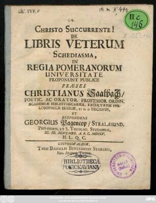 De Libris Veterum Schediasma, In Regia Pomeranorum Universitate