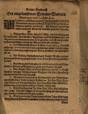 Kurtzer Entwurf der eingelauffenen Fridens-Punkten