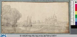 Flusslandschaft mit drei Segelbooten und Schloss