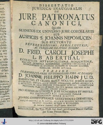 Dissertatio Juridica Inauguralis De Jure Patronatus Canonici