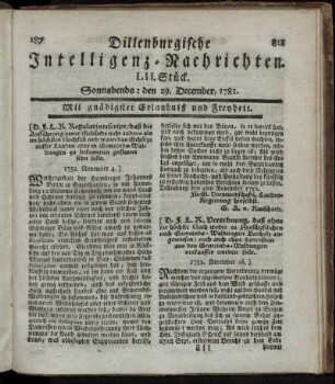 LII. Stück. Sonnabends: den 29. December 1781.
