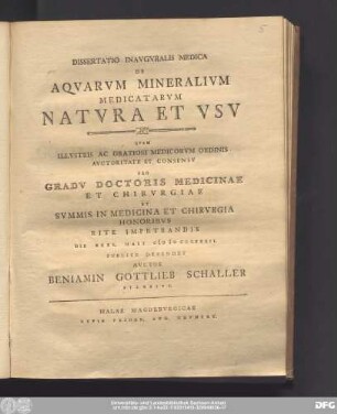 Dissertatio Inavgvralis Medica De Aqvarvm Mineralivm Medicatarvm Natvra Et Vsv