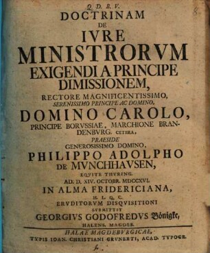 Doctrinam De Ivre Ministrorvm Exigendi A Principe Dimissionem