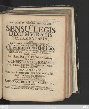 Dissertatio Juridica Inauguralis, De Sensu Legis Decemviralis Testamentariæ