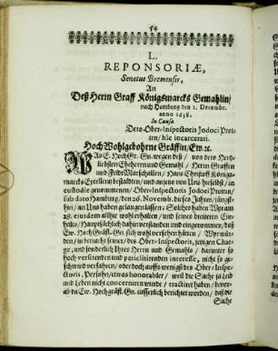 L. Reponsoriæ, Senatus Bremensis, An Deß Herrn Graff Königsmarcks Gemahlin/ [...]