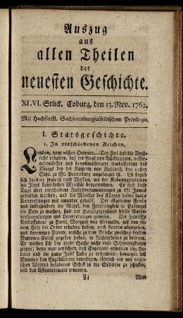 XLVI. Stück. Coburg, den 13. Nov. 1762.
