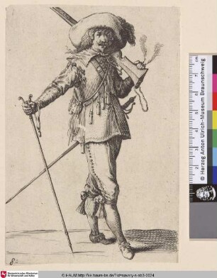 [Soldat von vorn gesehen mit Muskete auf seiner linken Schulter und Musketengabel in rechter Hand; Soldier seen from front with musket on left shoulder an holding musket support on right hand]