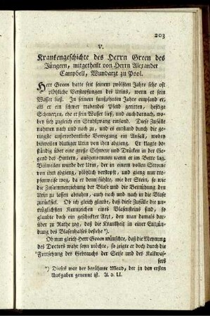 V. Krankengeschichte des Herrn Green des Jüngern, mitgetheilt von Herrn Alexander Campbell, Wundarzt zu Pool.