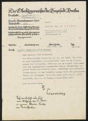 Jahrhunderthalle, Breslau Akustikgutachten: Brief von Konwiarz an Michel und Antwortschreiben (zweiseitig)