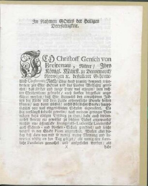 Im Nahmen Gottes der Heiligen Dreyfaltigkeit.