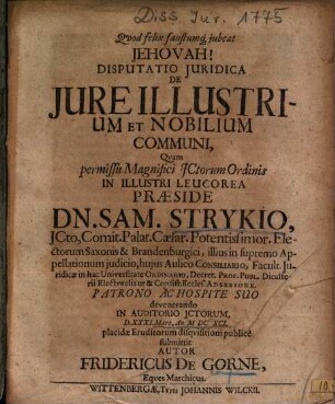 Disputatio Juridica De Jure Illustrium Et Nobilium Communi