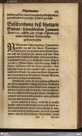 Beschreibung deß blutigen Sturms, so den sibenden Januarij Anno 1602. auff die Alte Statt Ostende und andere derselben Bollwercken gethan worden