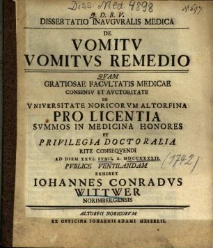Dissertatio Inavgvralis Medica De Vomitv Vomitvs Remedio