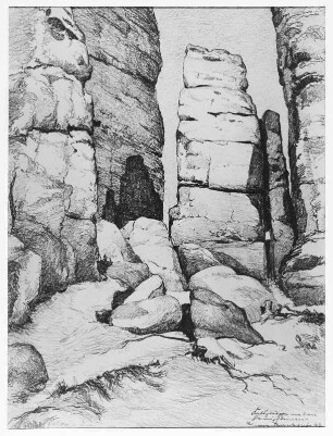 Bernkopf, Georg: Felsgruppe in den Honigsteinen. 1943. Kohlezeichnung? Bezeichnet "Georg Bernkopf 43"