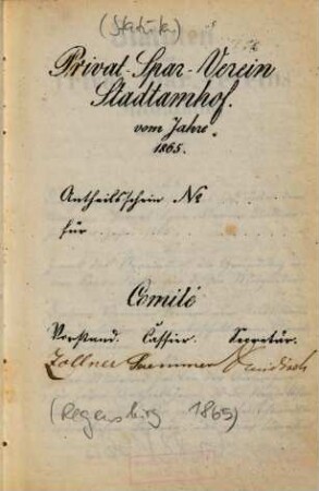 Statuten des Privat-Spar-Vereins Stadtamhof vom Jahre 1865