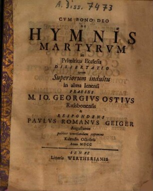 De hymnis martyrum in primitiva ecclesia dissertatio