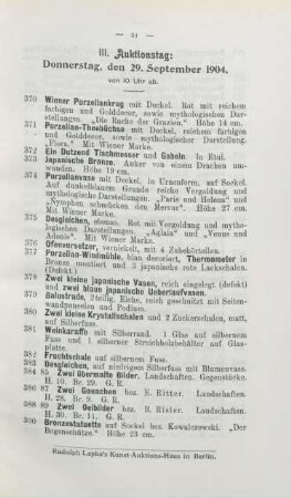 III. Auktionstag: Donnerstag, den 29. September 1904, von 10 Uhr ab