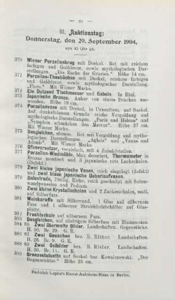 III. Auktionstag: Donnerstag, den 29. September 1904, von 10 Uhr ab