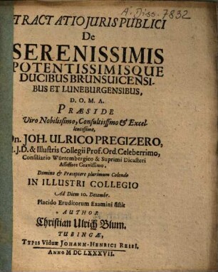 Tractatio Juris Publici De Serenissimis Potentissimisque Ducibus Brunsuicensibus Et Luneburgensibus