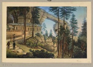 Das Prebischtor (Pravčická brána) bei Herrnskretschen (Hřensko, Tschechien) in der Böhmischen Schweiz, nach Südosten mit Gasthaus