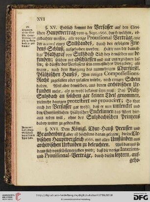 IV. Ungrund: Ob der Clevische Haupt = Vertrag 1666 Pfaltz = Sultzbach zu gute komme ? (§.XV - §. XVII)