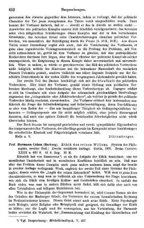 652-654, Hermann Cohen. Ethik des reinen Willens. (System der Philosophie, zweiter Teil.) 1907