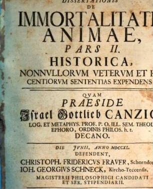 Dissertationis de immortalitate animae, Pars 2. Historica, nonnullorum veterum et recentiorum sententias expendens
