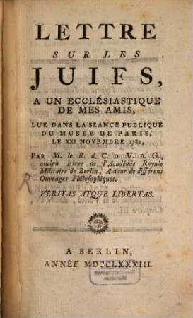 Lettre sur les Juifs, à un ecclésiastique de mes amis