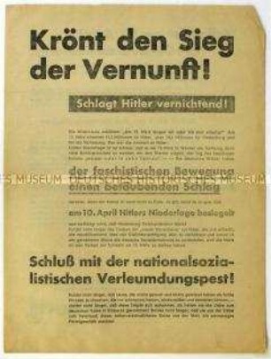 Aufruf der SPD zur Wahl von Hindenburg zum Reichspräsidenten am 10. April 1932