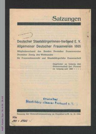 Satzungen des Deutschen Staatsbürgerinnen - Verbands, Allgemeiner Deutscher Frauenverein 1865